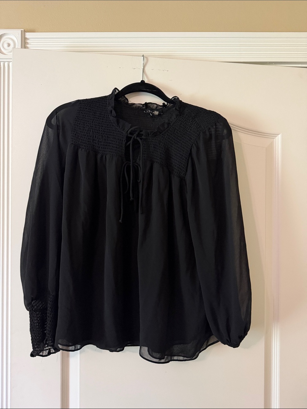 1. State Black Smocked Yoke Long Sleeve Tie-Neck Blouse
